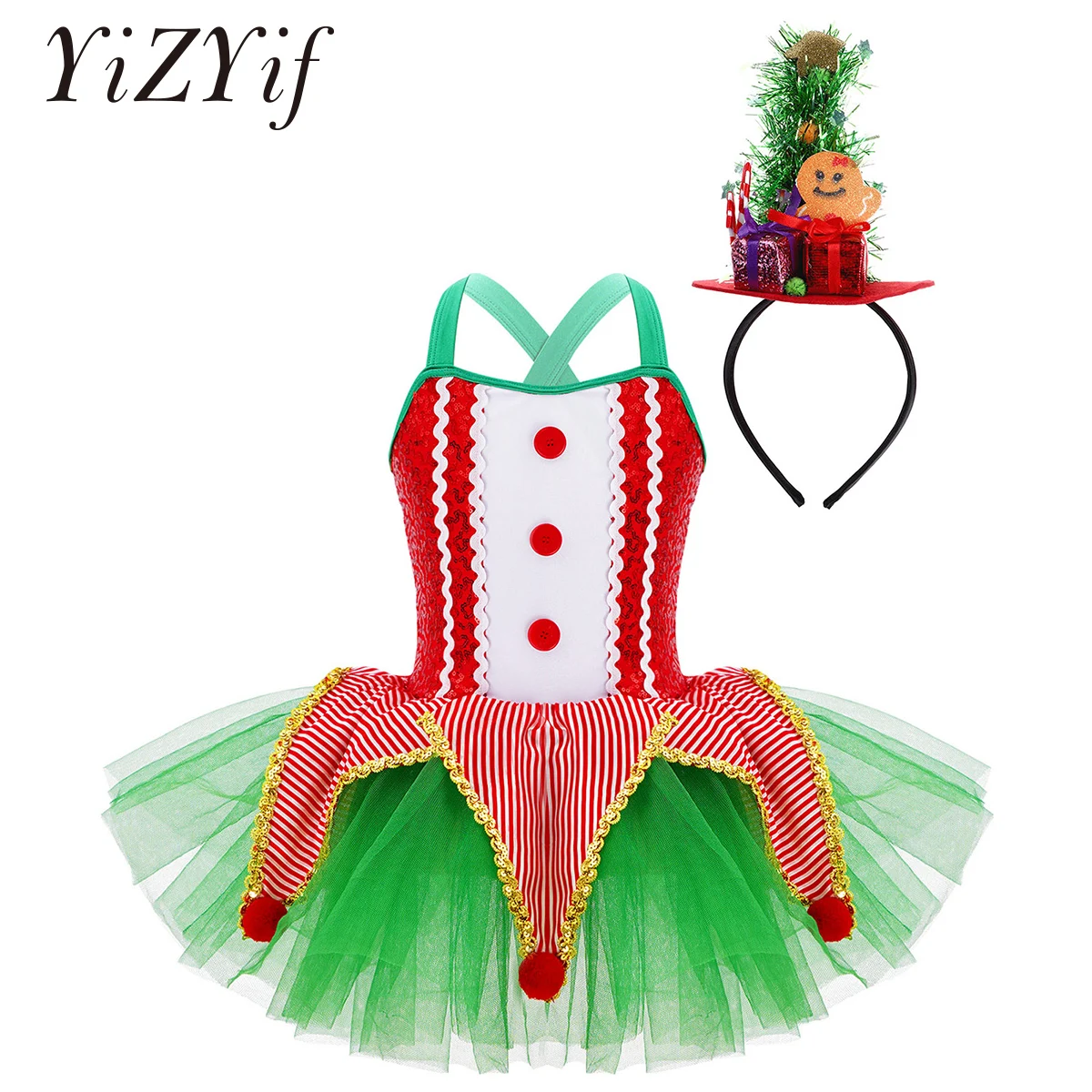 

Kids Girls Christmas Dance Dress Sleeveless Plush Balls Ballet Leotard Tutu Dress with Hair Hoop Child Figure Skating Costume