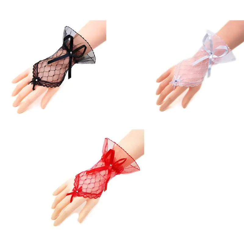 Guantes cortos sin dedos para mujer, malla transparente con lazo de diamantes de imitación, gasa de encaje para damas de honor, protector solar, gancho para dedos