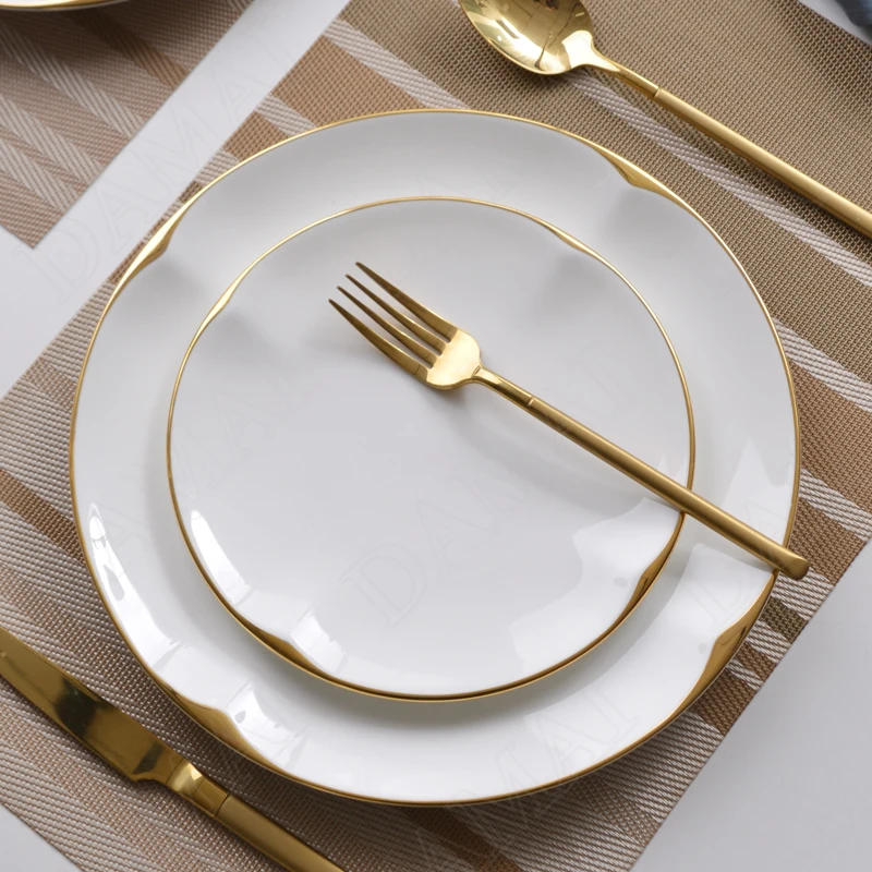 White Ceramic Plates Golden Stroke Decorative Porcelain  Dinner Plate Dinner Steak Pasta Dishes Hotel Restaurant Serving Tray