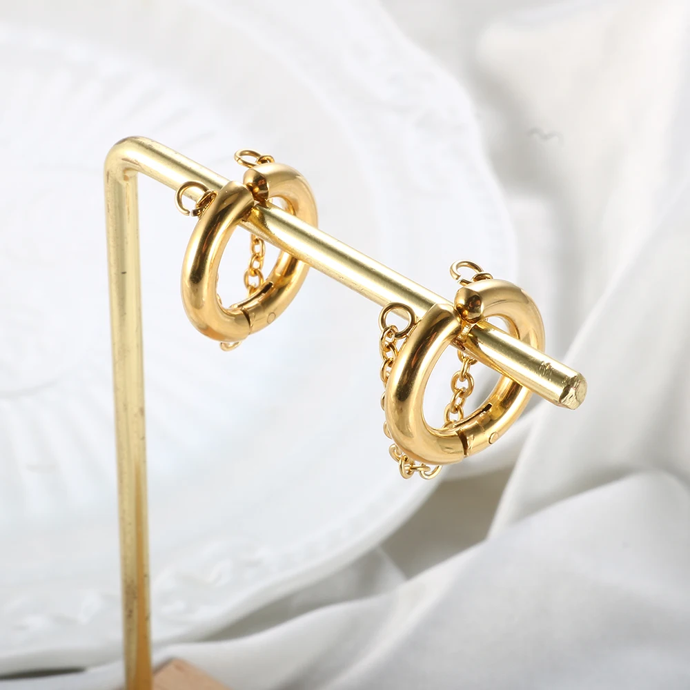 2PC /Set Stainless Steel Small Hoop Earrings for Women Golden Circle Thick Ear Ring Piercing Tassel With Chain Earrings Jewelry