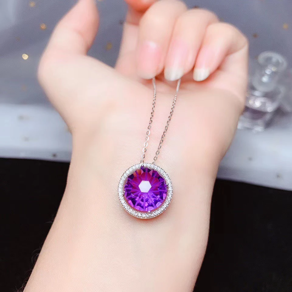 classic yellow citrine purple amethyst pendant women silver necklace bright yellow color birthday party anniversary gift round