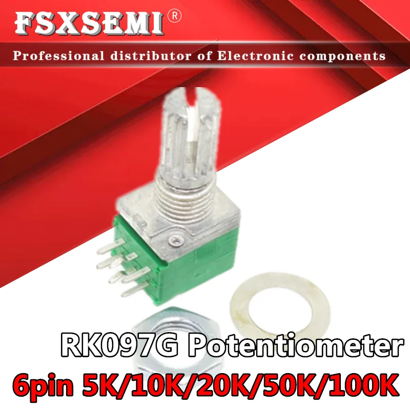 100pcs RK097 RK097G 6Pin 5K 10K 20K 50K 100K B5K with a switch audio shaft 15mm amplifier sealing potentiometer