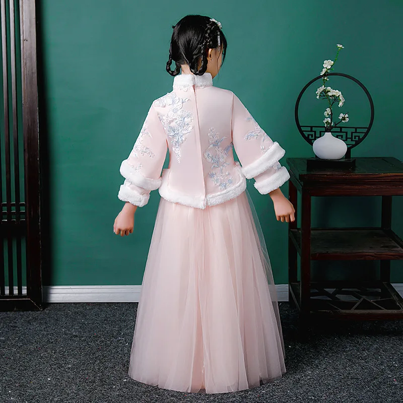 Meninas de inverno Hanfu Chinês Bordado Manga Comprida Vestido Engrossado Vestido de Festa de Aniversário Roupas de Cerimônia de Vinda de Idade