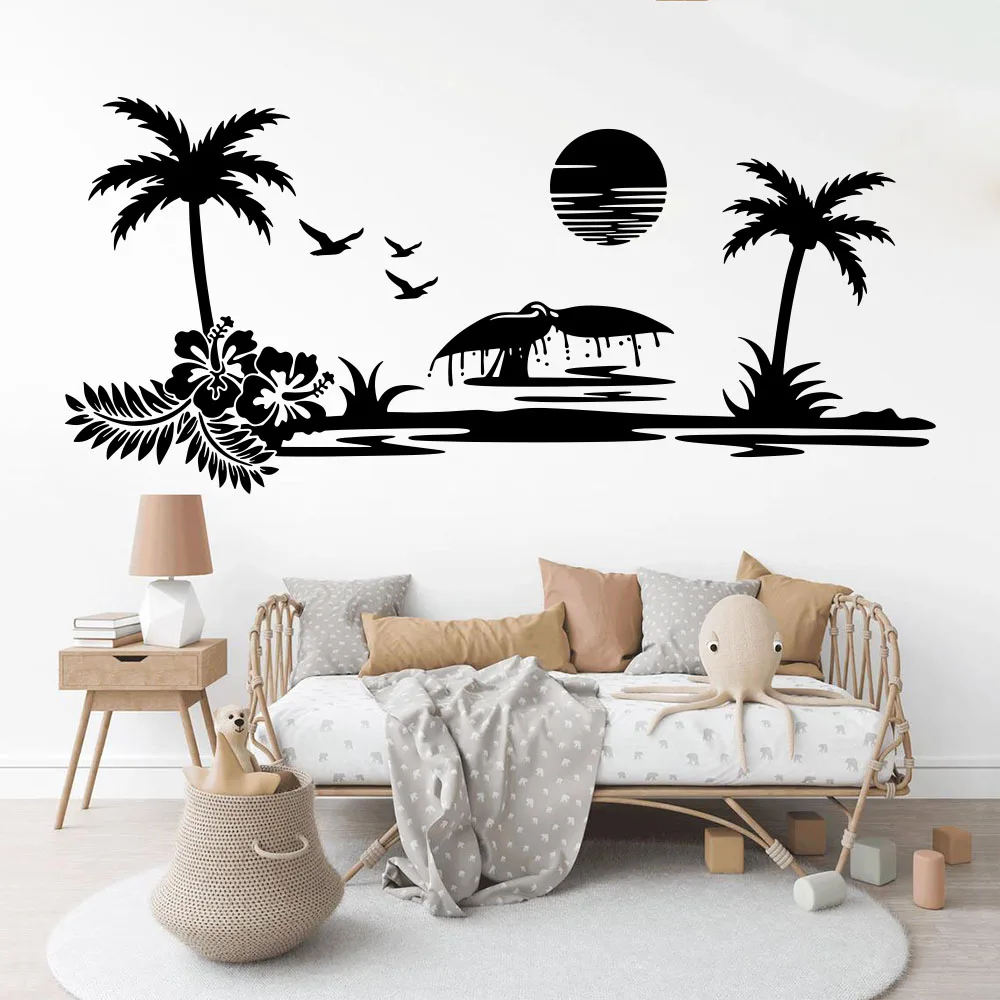 Large Beach Landscape Palm Tree Sun Wall Decal Camper Rv Motorhome Ocean Camping Travel Nature Wall Sticker Bedroom Vinyl Decor