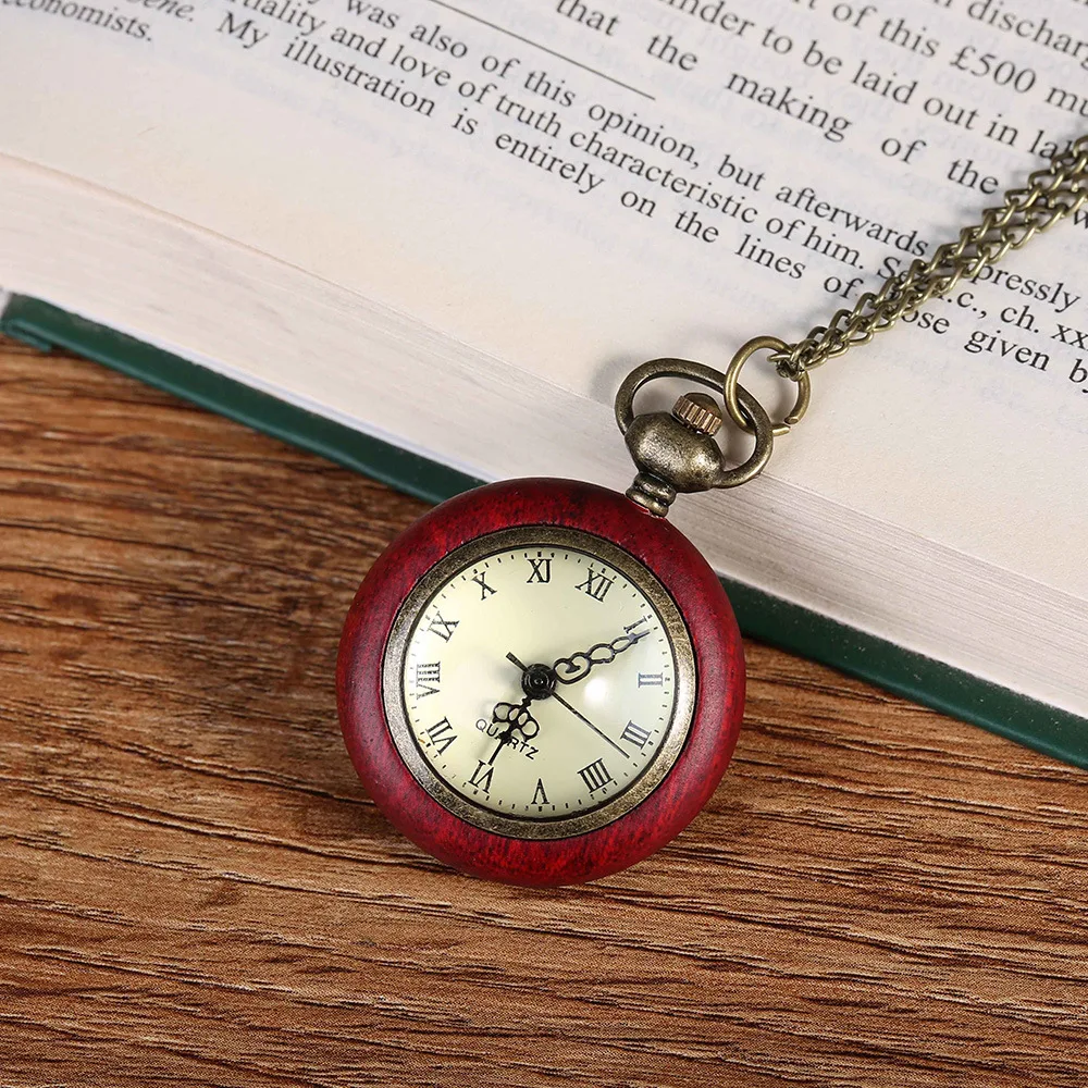 6026Retro red wooden box quartz pocket watch transparent ball chain automatic winding watch men and women neutral clock gift