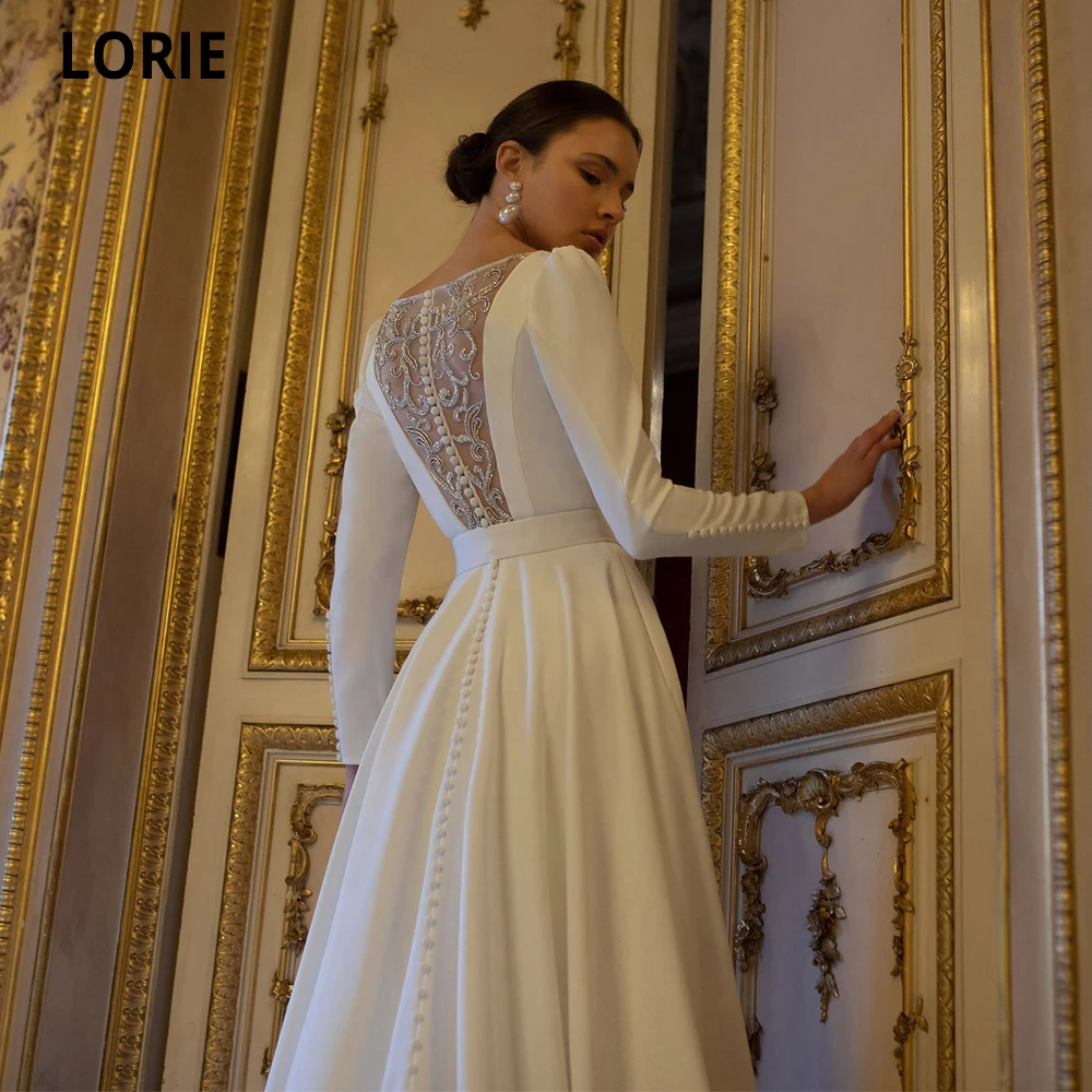 LORIE A-line Simple Wedding Dresses Satin with Lace Beading Bride Gowns with Long Sleeve Beach Boho Princess Party Dresses 2021