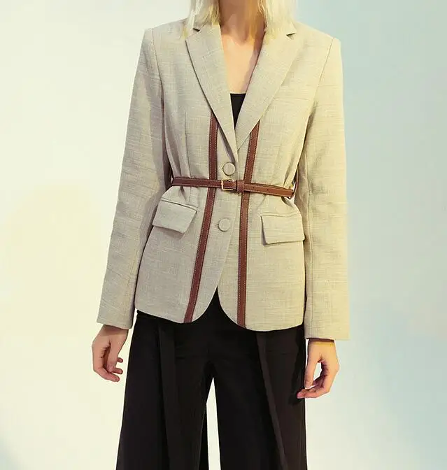 2022 British style stitching contrast color leather stitching strap sense small suit jacket with belt