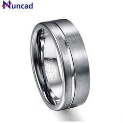 NUNCAD 8mm Men's Polished Grooved Tungsten Carbide Rings Grey Brushed Wedding Bands Flat Edge Comfort Fit Size 7-12 T030R