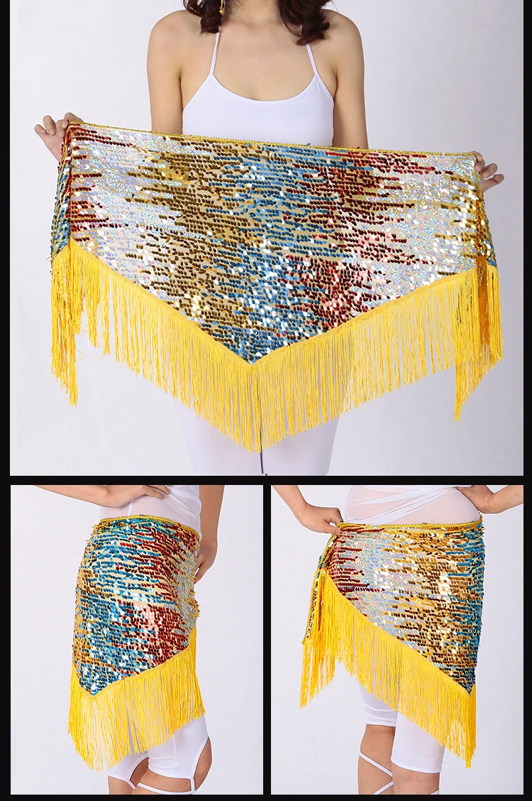 7 colori Accessori per abiti di danza del ventre Cinture lunghe a triangolo con nappa Cintura per fianchi con paillettes per danza del ventre per le donne