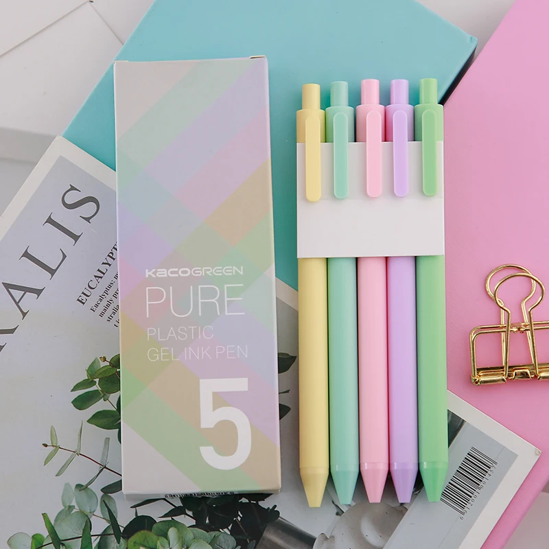 5pcs/box Kaco Macaron Colored Ink Gel Pens Retractable 0.5mm Fine Point Pastel Cute Pens for Taking Notes/Journaling/Coloring