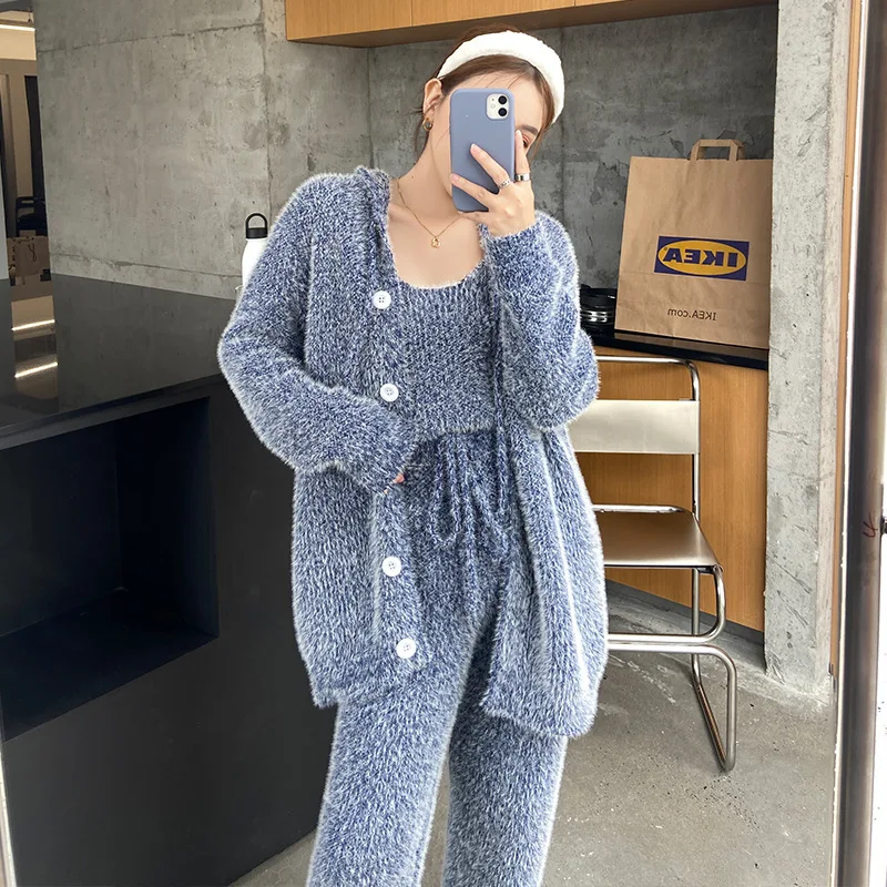 Coral Fleece Pajamas Winter Sleepwear For Women Warm Feather Yarn Pijamas Set Ladies Homewear Can Be Worn Outdoors 3 Piece Suit