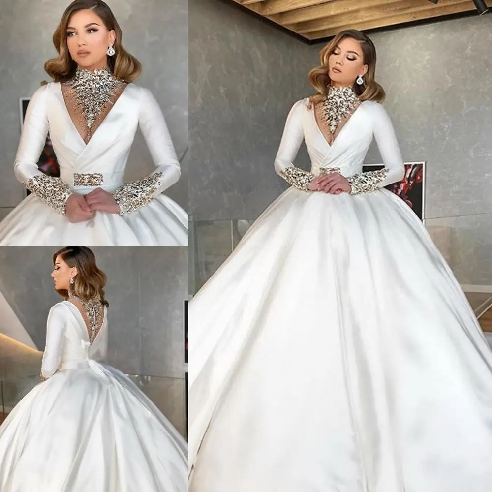 Arabic Wedding Dresses Crystal Beaded Ball Gowns High Neck Long Sleeve A Line Bridal Dress Satin Robes De Mariée Size Customized
