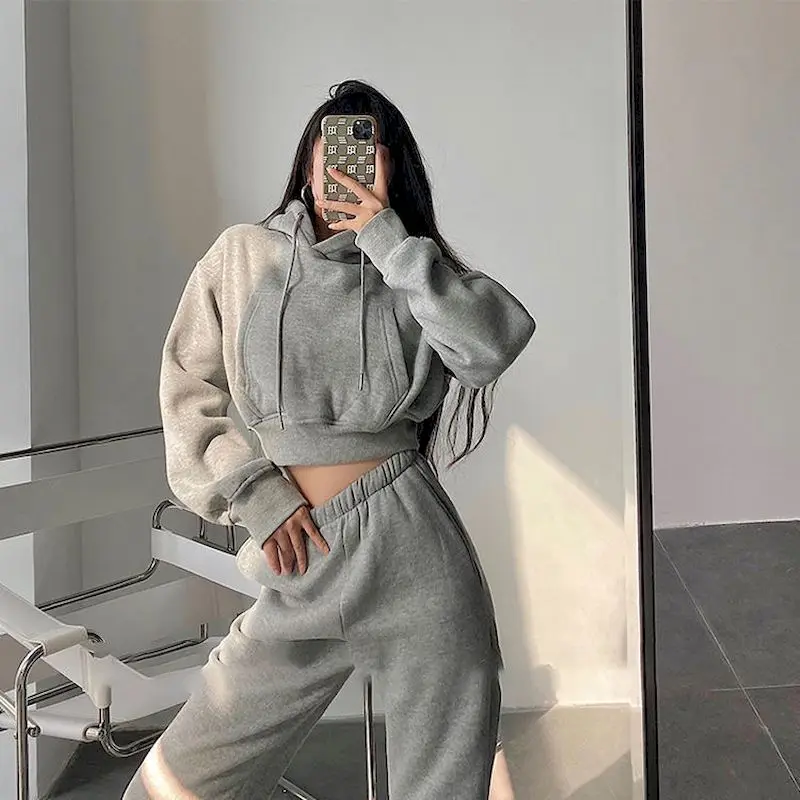 European American Treet Hooded Short Pocket Plus Fleece Hoodies Korean High Waist Loose Foot Trousers Two Piece Set Womens Set