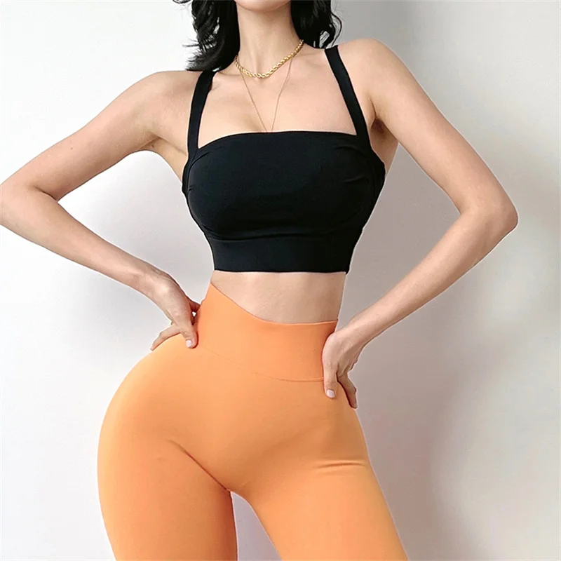 Women Sexy Sport Bra  Deep  Neckline Support Fitness Vest Tight Yoga Tank Top  With Removable Chest Pad