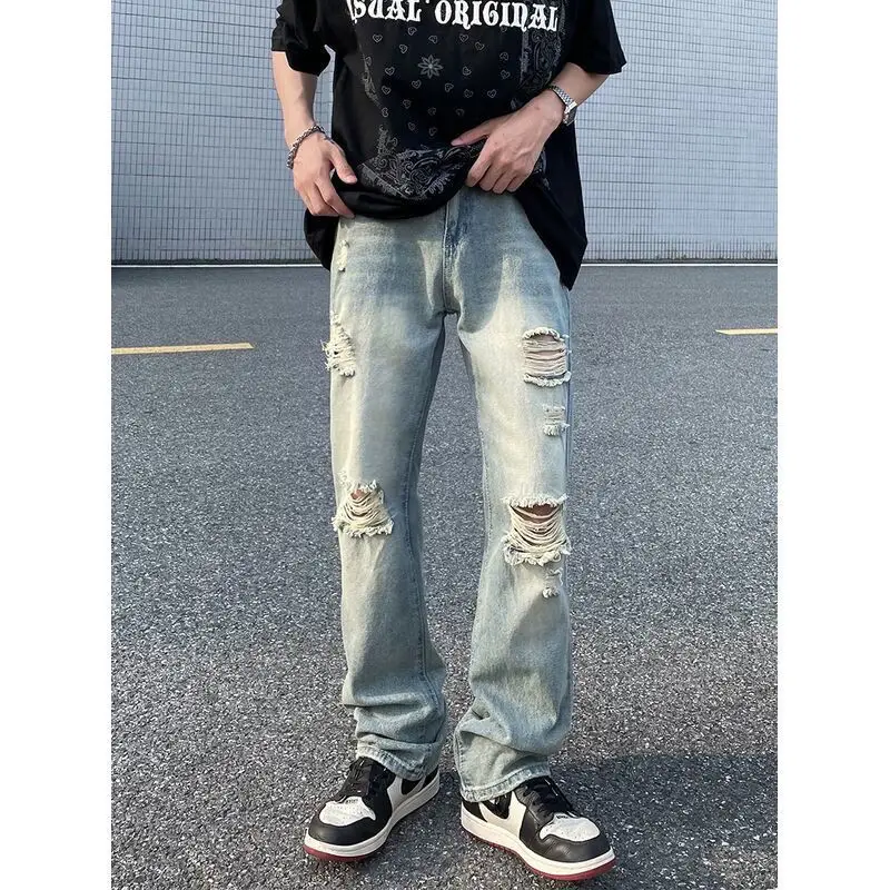 Summer Washboard Destroy Wash Hole Jeans Streetwear Men Pasted Cloth Plaid Pants Slim Fit Thin Ripped Jeans Elastic Beggar Pants