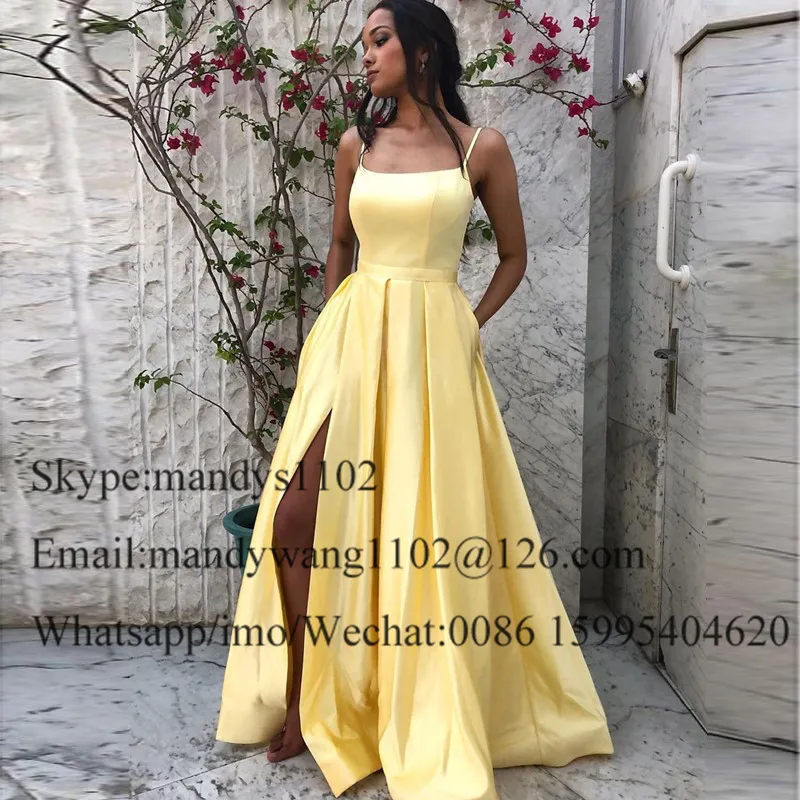 Vestidos de baile longos com bolso, Vestido de festa de alta divisão, Vestido de noite formal, Amarelo claro, 2021