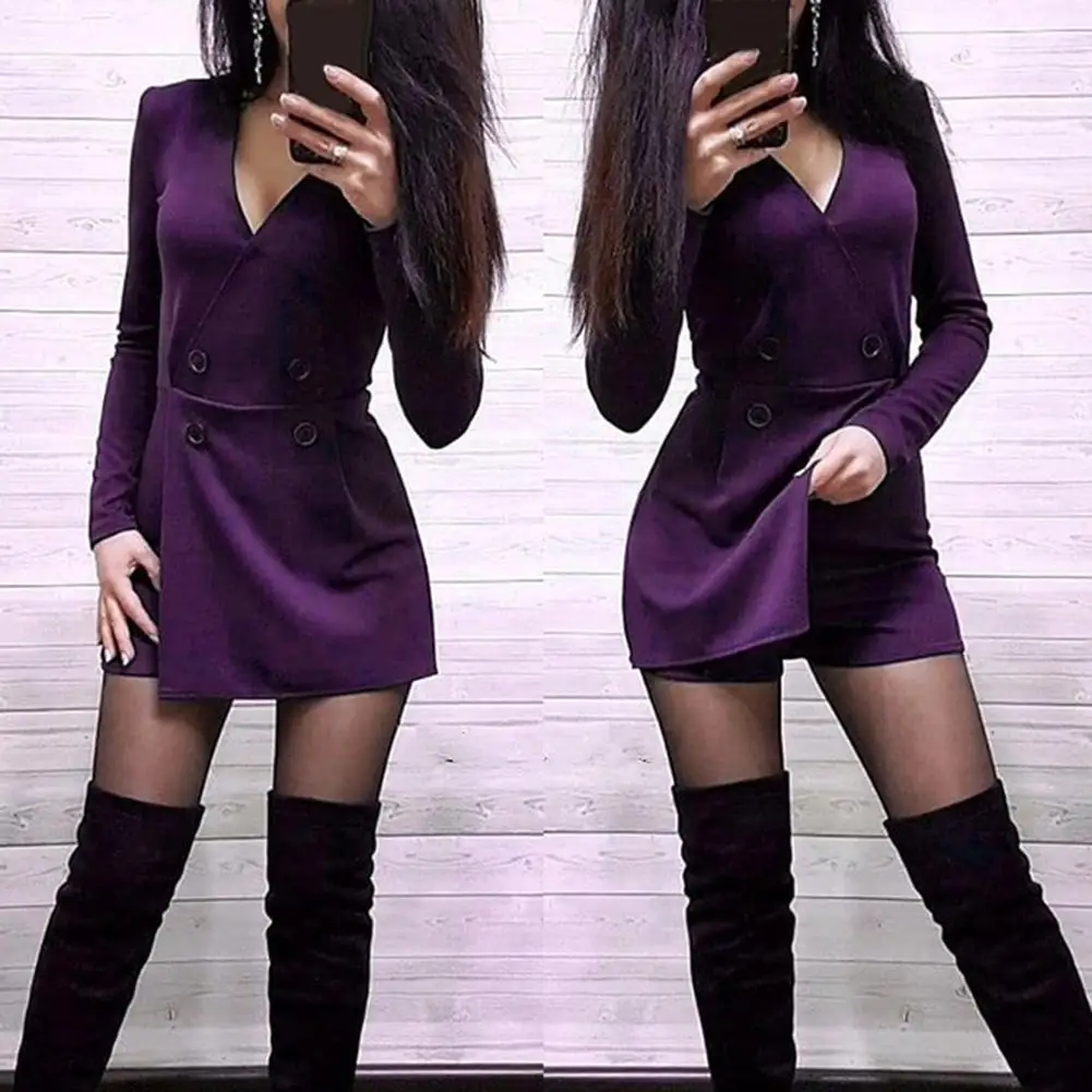 80% Hot Sales!!! Chic Women Solid Color Long Sleeve V Neck Double-breasted Dress Short Jumpsuit