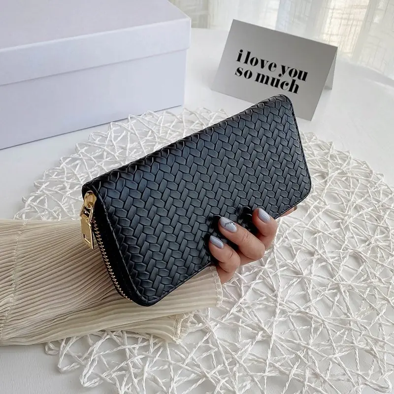 Women Weave Wallet Wrist Handle Phone Case Long Section Money Pocket Pouch Handbag Women Purse Card Holder Wallet