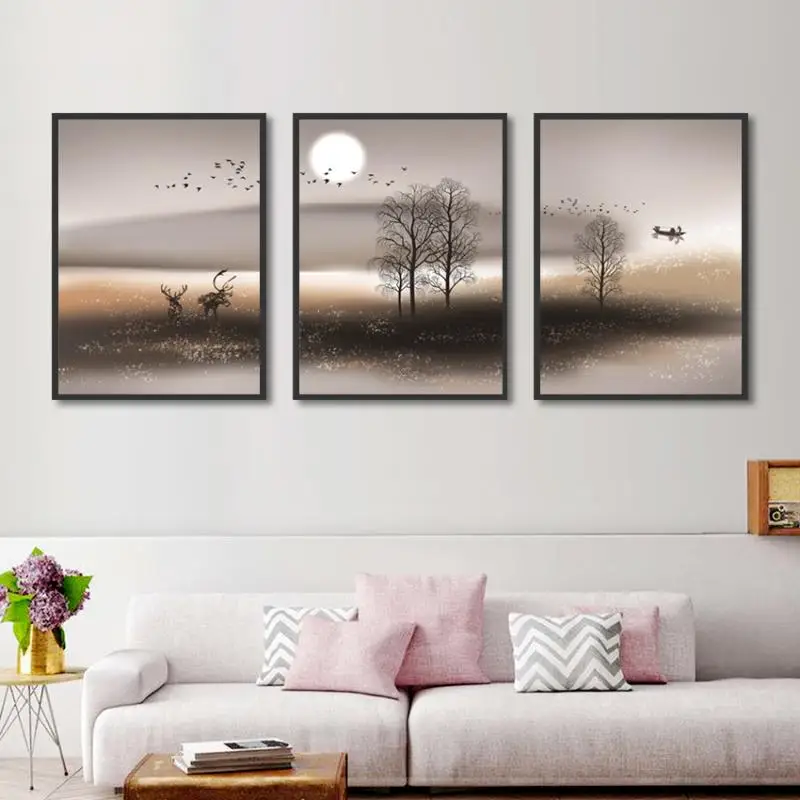 

Modern Abstract Lake Night View Boat Moonlight Elk Silhouette Canvas Decorative Wall Painting Printing Frameless Custom Poster