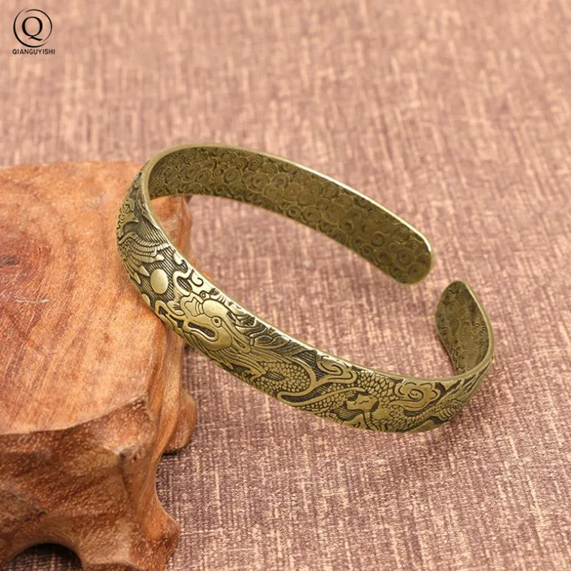 Retro Brass Dragon Phoenix Pattern Princess Bangle Classic Pure Copper Open Bracelet Ancient Women Wristband Valentine\'s Gifts