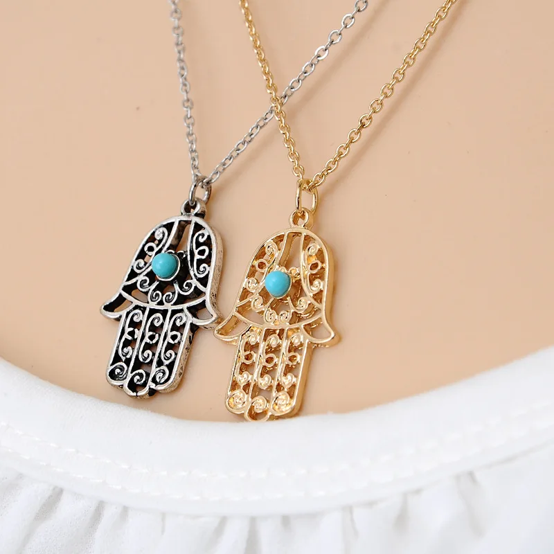 Vintage Simple Hand Fatima Hamsa Pendants Necklace For Woman Alloy Chain Palm Necklace Jewelry