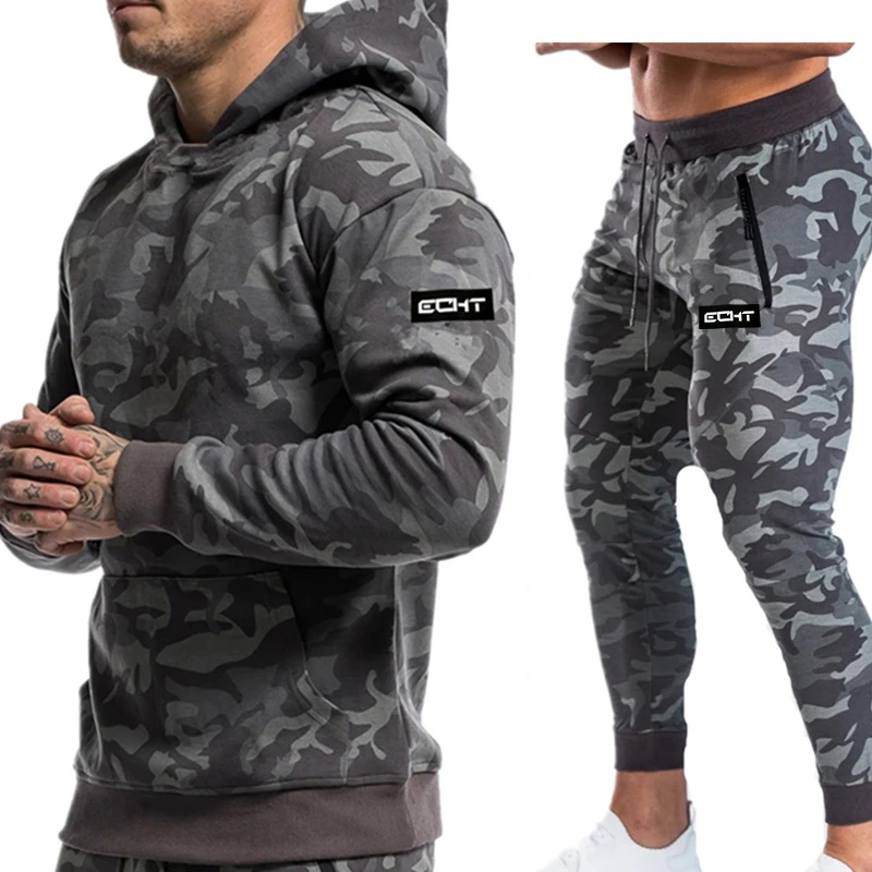 Mens sporting suits fashion Fitness tracksuit men camouflage Hoodies + sweatpants Men\'s Sportwear Suit Hoodies Tracksuit Set