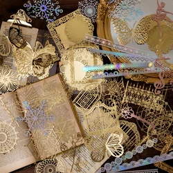 Yofun 10 개/갑 황금 글라이딩 빈티지 스티커 꽃 나비 새겨진 레이스 눈송이 장식 종이 선물 Scrapbooking
