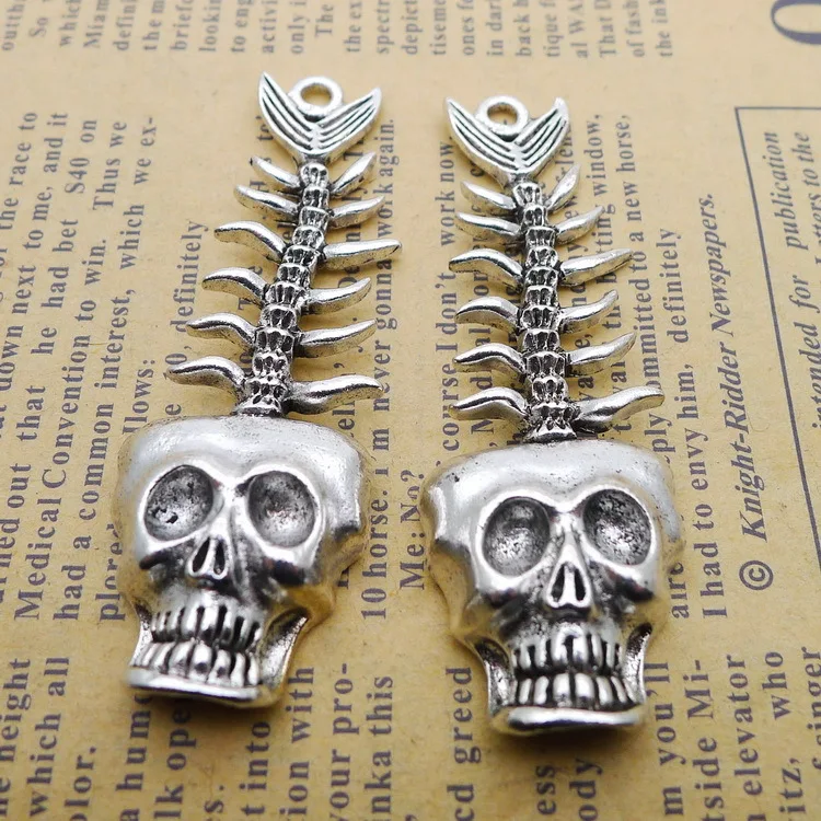 

2pcs/Lot 20x60mm Skull Charms Antique Silver Color Fishbone Pendants for DIY Jewelry Making Charm