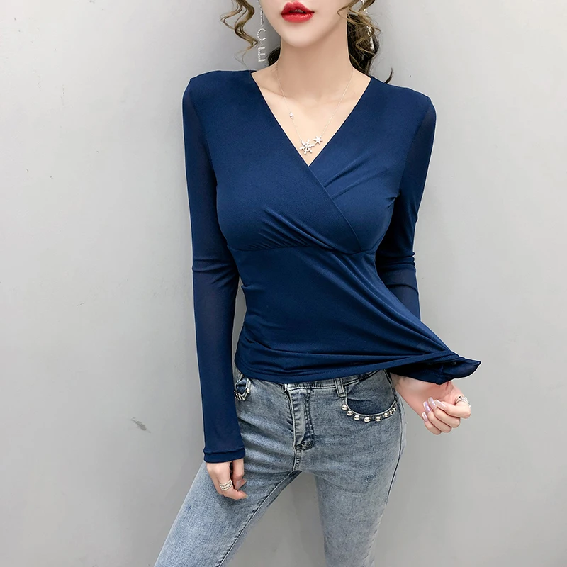 2020 Autumn New Fashion Women Sexy V-neck Tulle Tshirts Full Sleeve Sweater Pullovers For Female Tee Tops