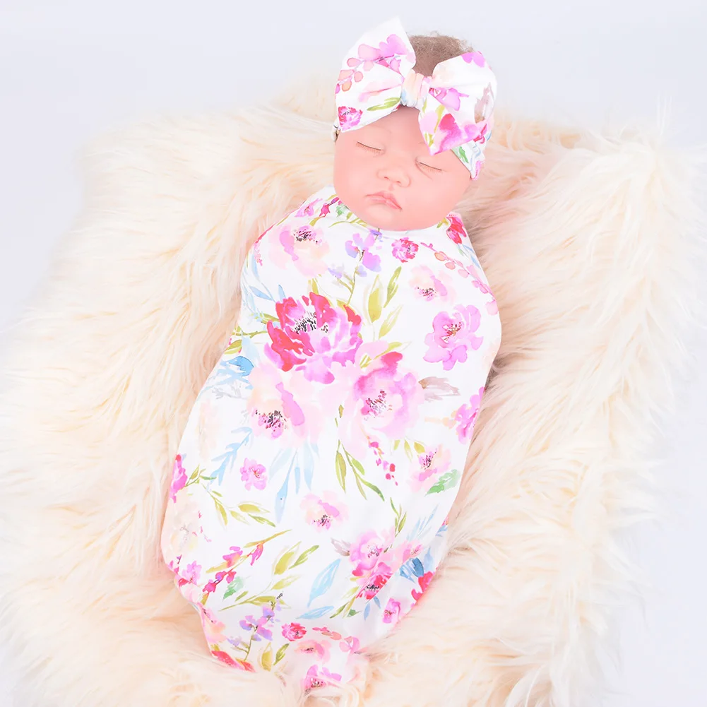 

2020 Baby Swaddle Blanket and Bowknot Floral Bows Headband Set Flower Bud Blanket Girls Photography Props Muslin Swaddle Wrap