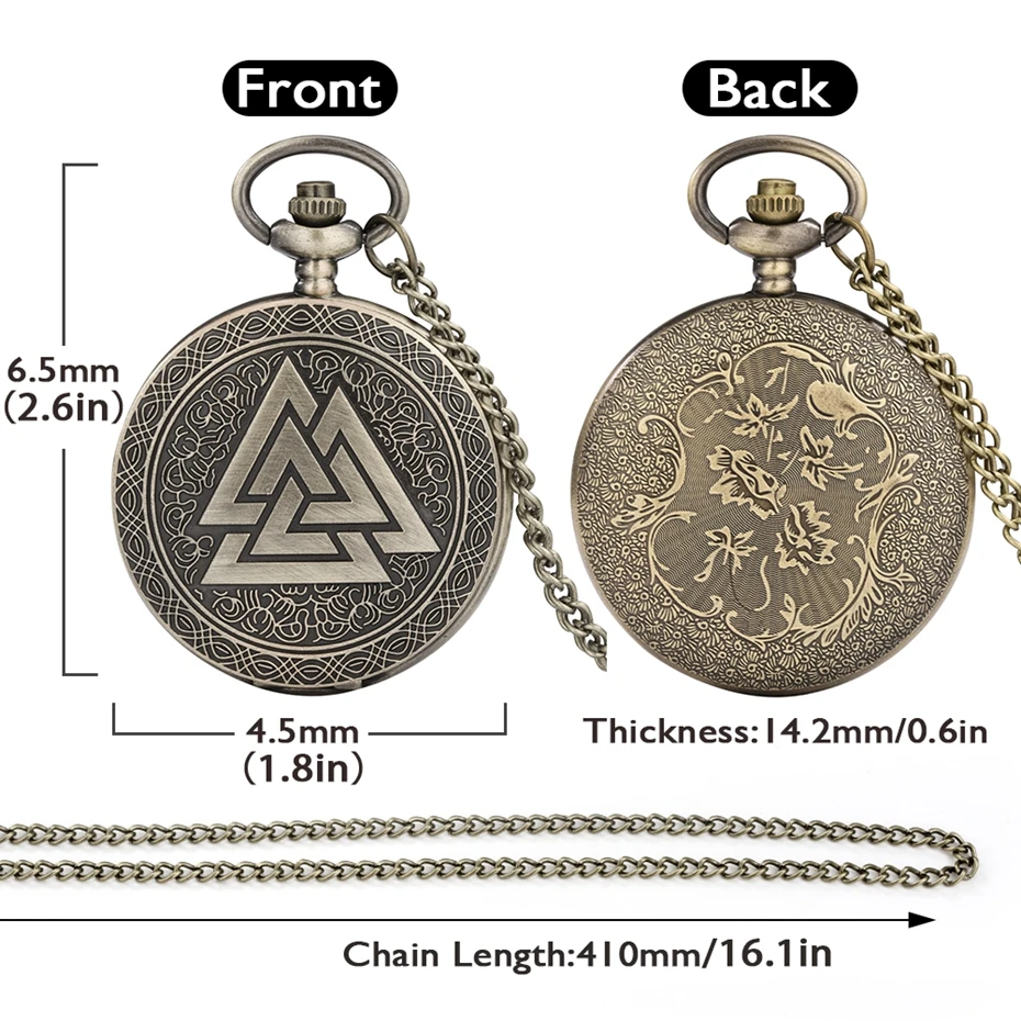 Bronze  Vintage Triangle Valknut Norse Vikings Quartz Pocket Watch Necklace Chain Three Interlocking Mythology Analog Fob Watch