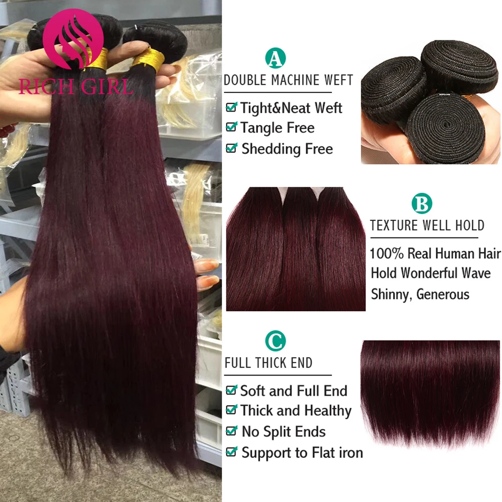 Tejido de mechones de cabello liso brasileño, extensiones de cabello humano de 30 pulgadas, Color 1B/99J/Borgoña, mechones degradados, cabello 100% humano Richgirl