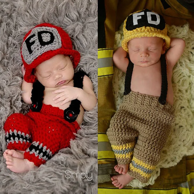 

Firefighters Designs Crochet Baby Photo Props Infant Costume Outfits New Born Photography Props Hats shorts Clothes 1set