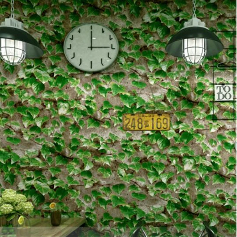 wellyu  Fast food restaurant snack decoration small restaurant wallpaper retro ivy 3d green leaf background wallpaper