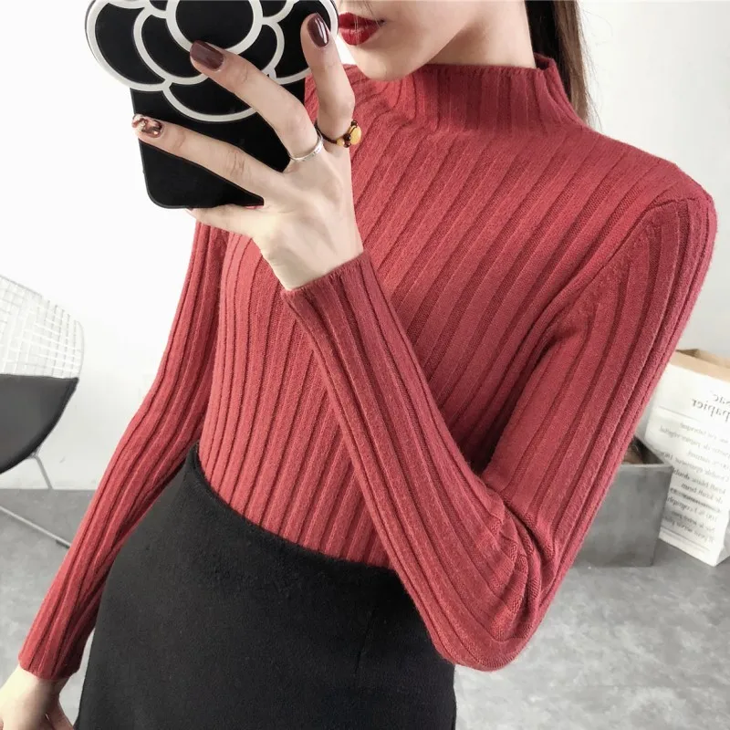 Woman Sweaters 2023 Autumn Winter Ribbed Knitted Sweater Women Pullover Mock Neck Long Sleeve Solid Casual Knitwear Tops Clothes