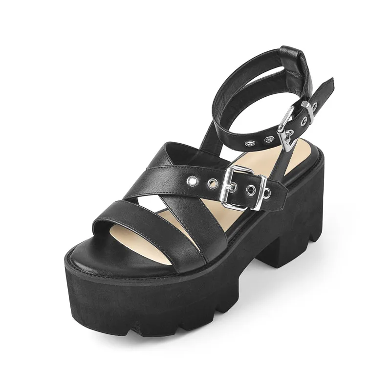 Onlymaker Women Platform Black Matte Top Quality Flat  Ankle Strap Multiple Buckle  Sandals For Summer