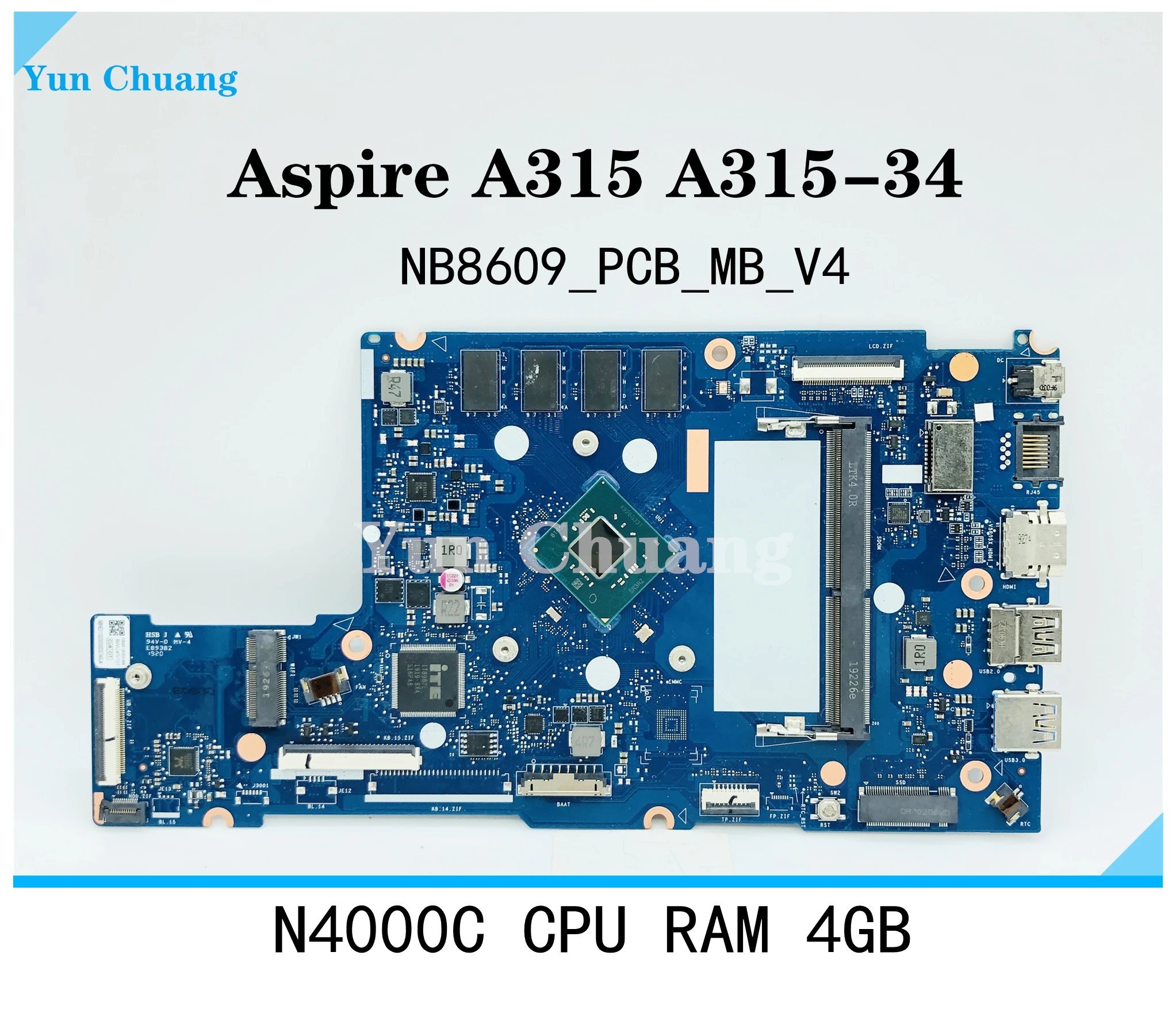 Placa base para portátil ACER Aspire A315 NB8612F07-MB, tarjeta madre NBHE311007 NB.HE311.007 W/SRFYX N4000C, 4GB de RAM, nb8609 _ PCB _ mb_v4