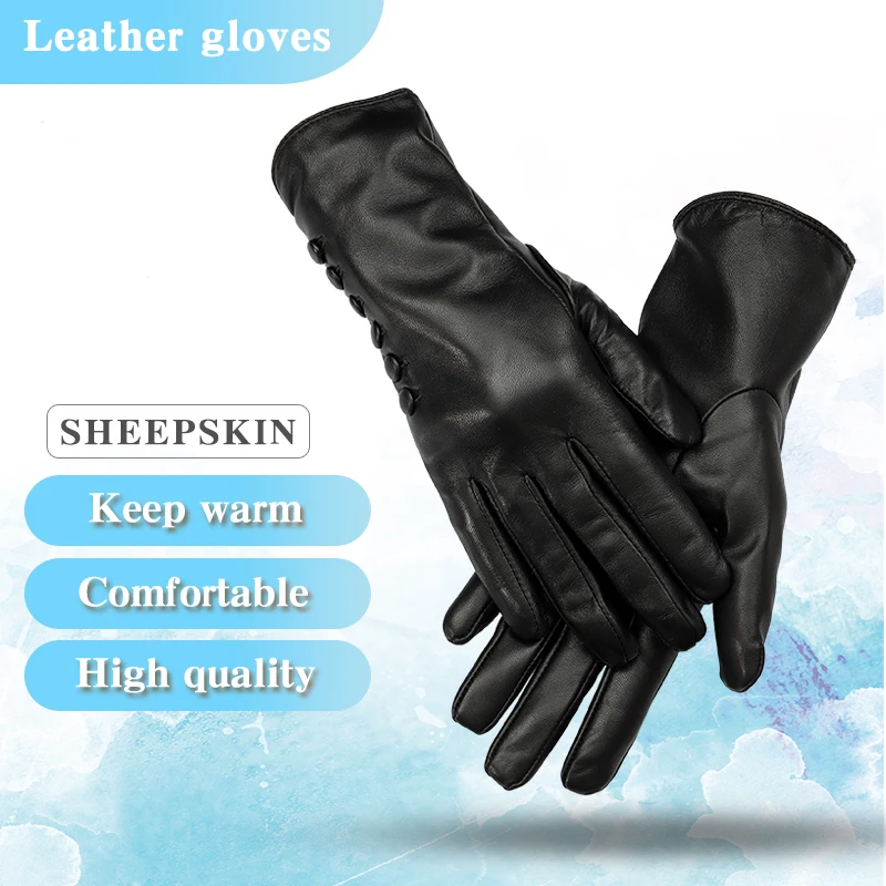 New Women Genuine Leather Gloves, Winter Ladies High Quality Goat Skin Warm Mittens, Buckle Decoration Colored Fashion Gloves