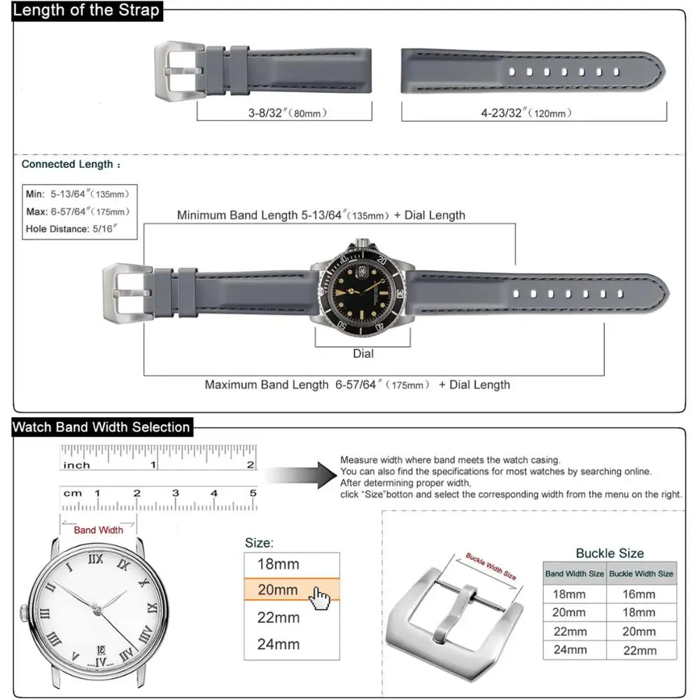 WOCCI Soft Rubber Watchband 18mm 20mm 22mm Silicone Watch Strap Black Blue Grey Orange Replacement with Large Steel Buckle