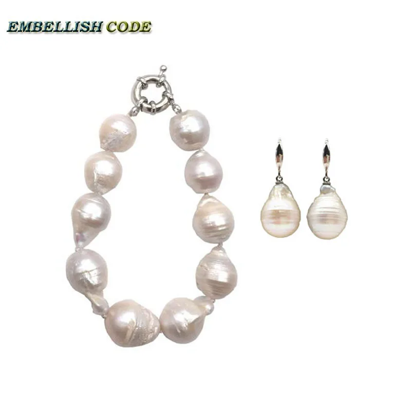 

Freshwater White Huge Tissue Nucleated Flame Ball Pear Shape Baroque Pearls Bracelet Simple Hook Earring Groove-Ring Rare