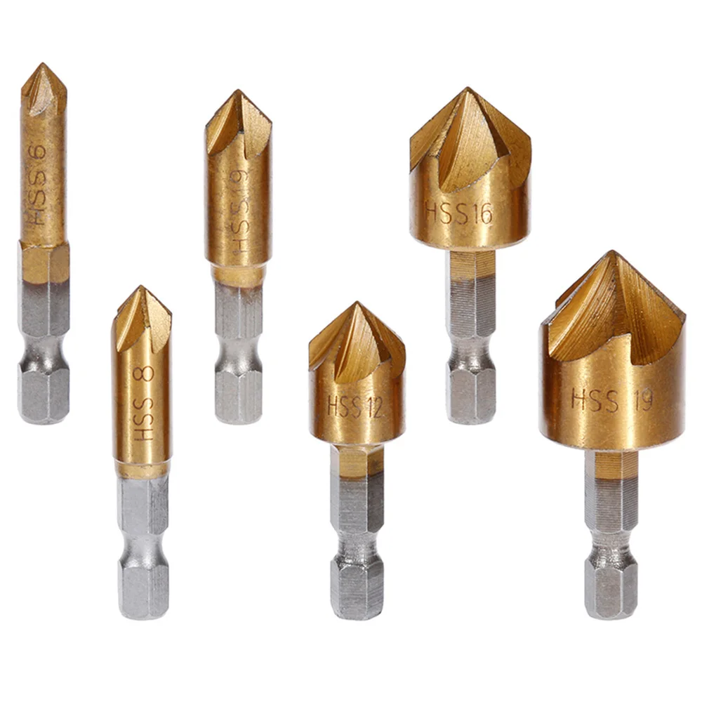 6 قطعة غاطسة مثقاب مجموعة 1/4 ''عرافة عرقوب HSS 5 الناي موازنة 90 درجة الخشب الشطب القاطع الشطب 6 مللي متر-19 مللي متر