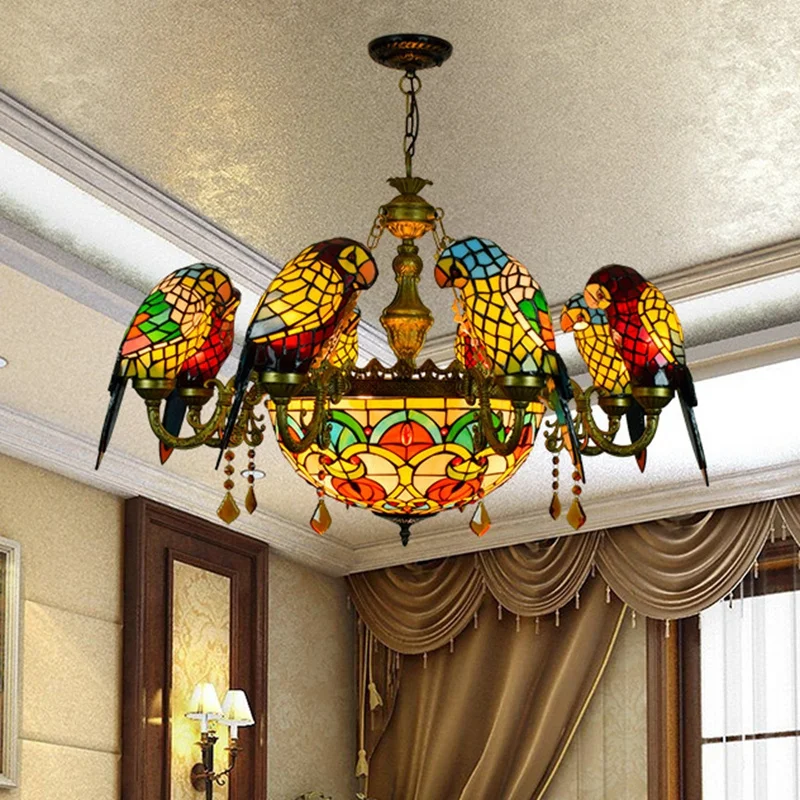 Tifanny Chandelier Lovely Parrot Bird Lamp Colorful Stained Glass Suspension Luminaire For Dinning Room Indoor Lighting Fixture