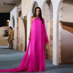 Verngo Simple Fuschia Silk Chiffon Straight Evening Dresses One Long Sleeve Dubai Women Prom Dress Plus Size Formal Dress