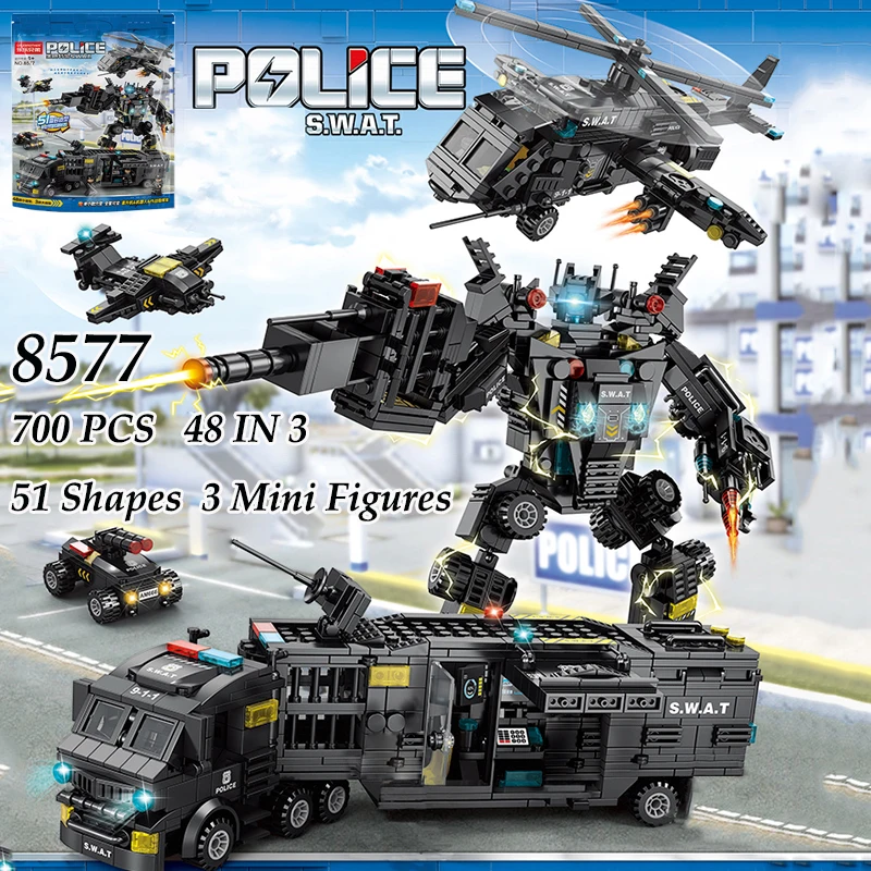 City SWAT Police Station Building Blocks Military Bricks Truck Vehicle Boy Robots Car Helicopter Educational Toys Children Gift