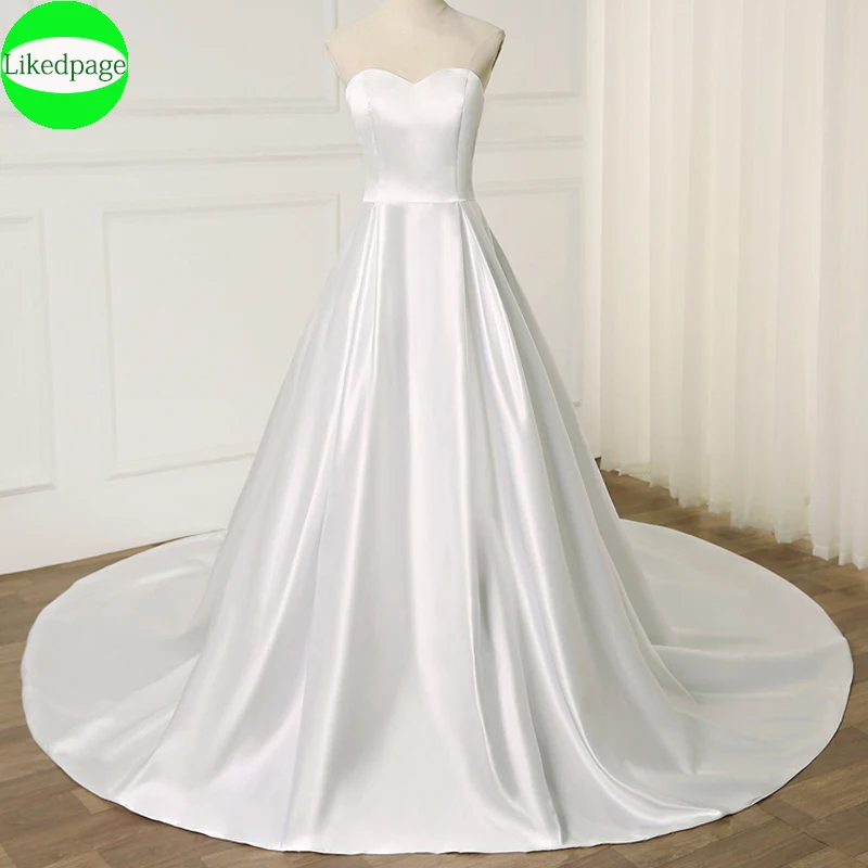 

Cheap Wedding Dresses 2021 A Line Satin Brush Train Vestidos De Novia Bridal Gown Simple Robe Mariage Boda Hochzeit Party Kleid