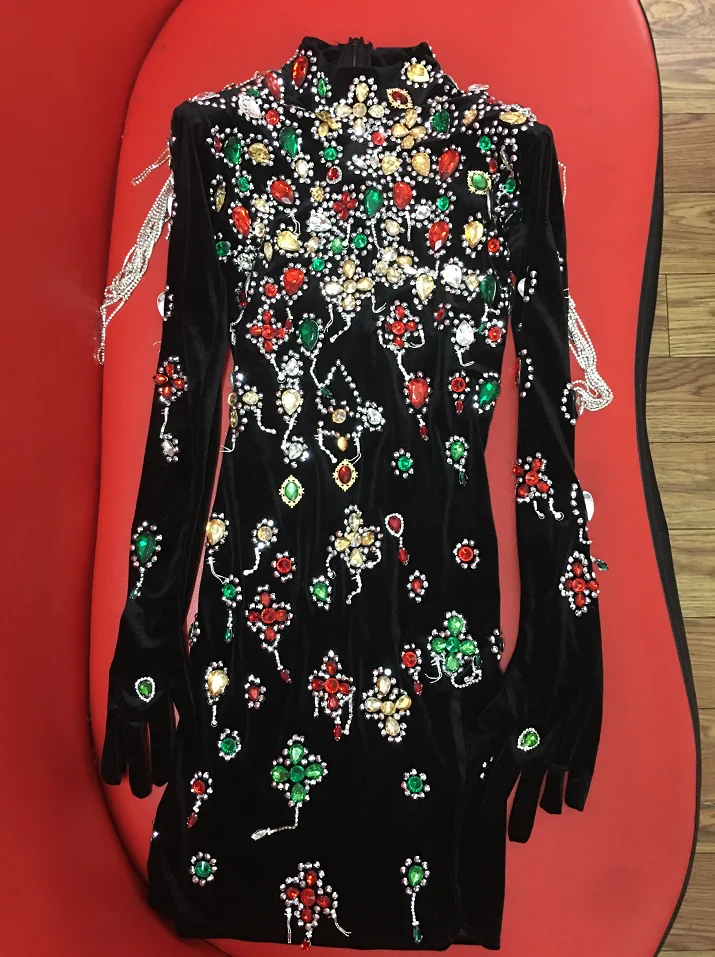 New Design Colorful Big Stones Black Velvet Dress Evening Sexy Crystals Chains Dance Costume Birthday Gloves Dress caihong