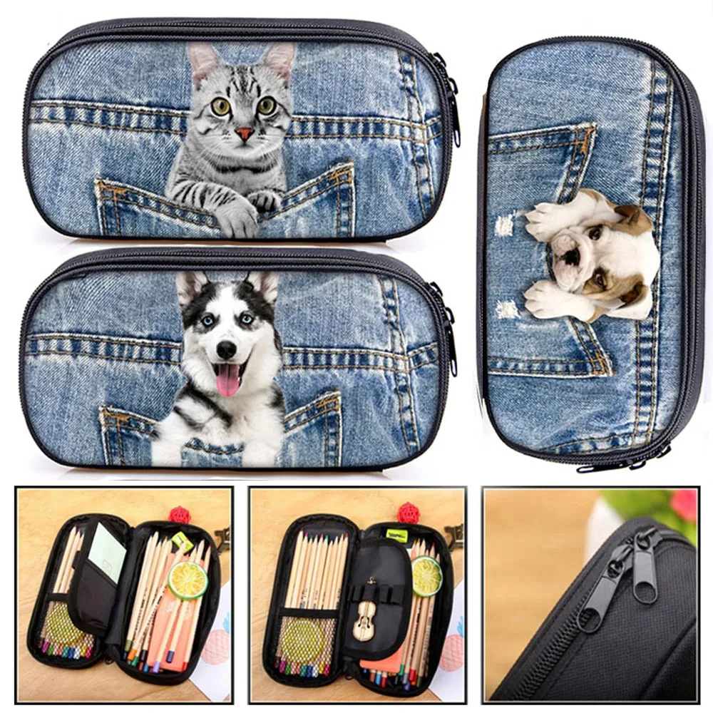 Cute Kitten Cat / Puppy Dog Print Cosmetic Cases Pencil Bag Boys Girls School Case Stationary Bags Kids Pencil Box