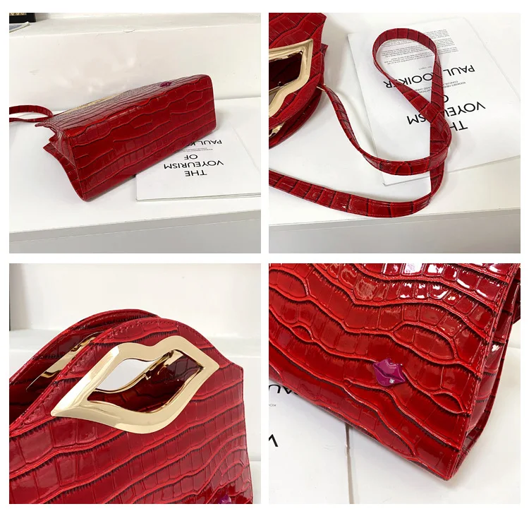 Patent Leather Sexy Lip Handles Purses and Handbags for Women Stone Leather Designer Clutch Shoulder Bag Female Casual Tote Bag