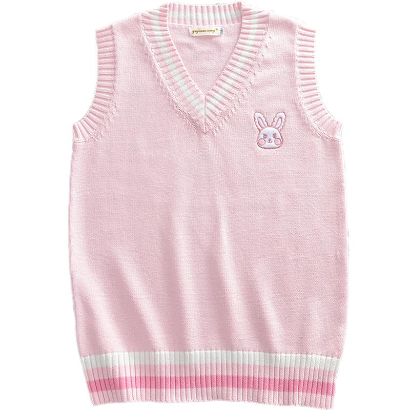 Pink Small rabbit Embroidery pattern Sweater vest high school Japanese-style knitting pullover