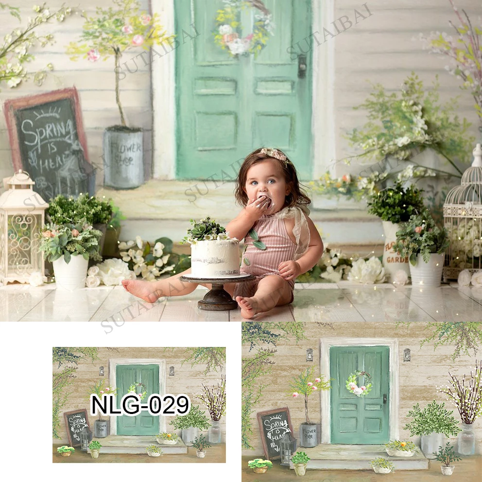 Countryside Stone House Old Wooden Door Window Flower Photo Background Photo Backdrop Spring Baby Portrait Photophone Room Decro